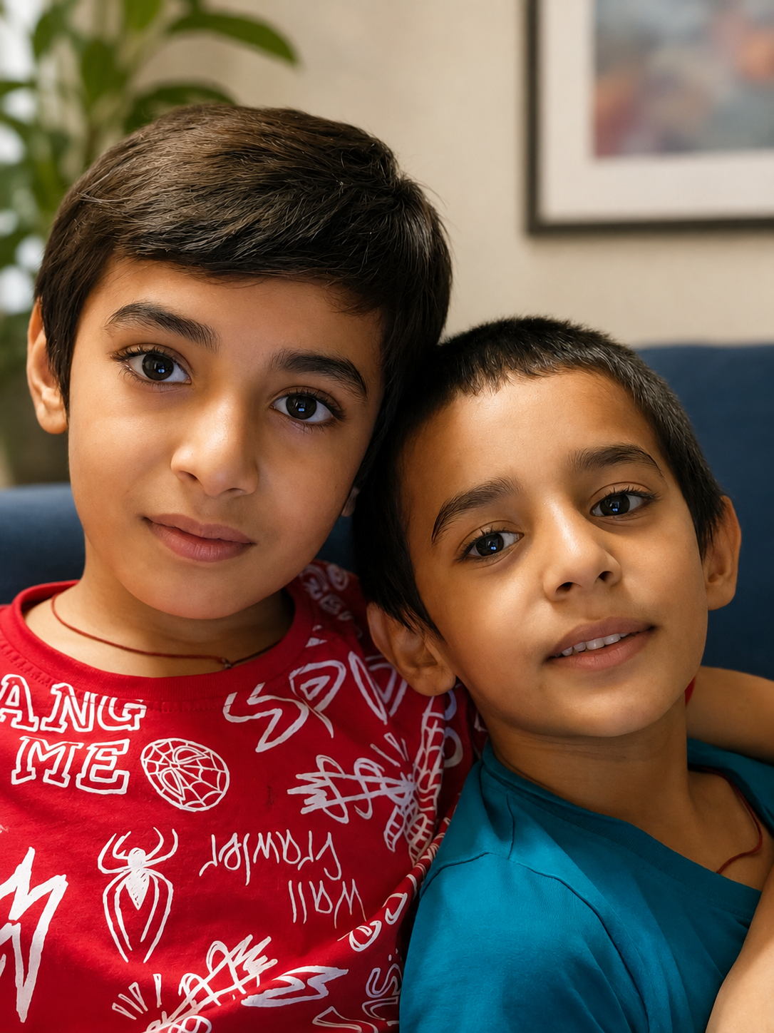 Close portrait of Vihaan and Mehaank with both faces clearly visible