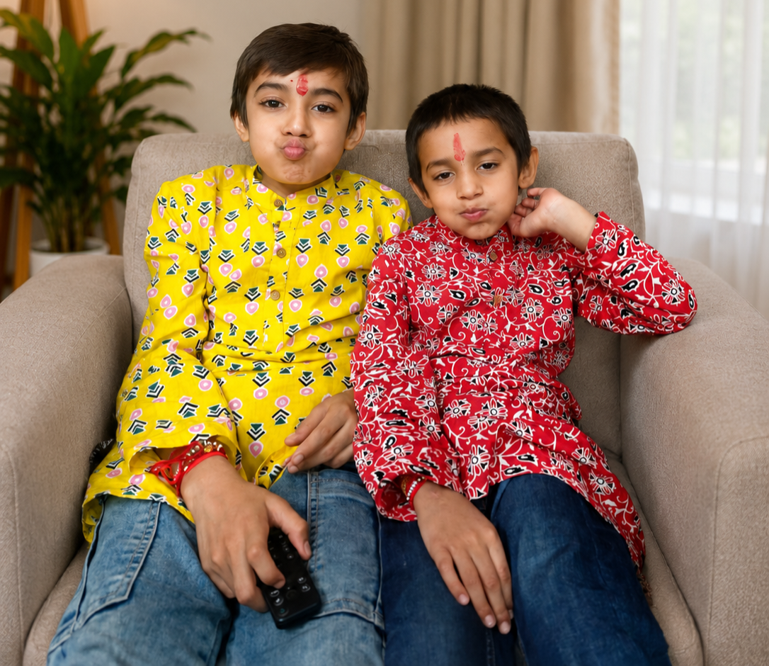 Vihaan and Mehaank sitting together on a couch in bright traditional outfits
